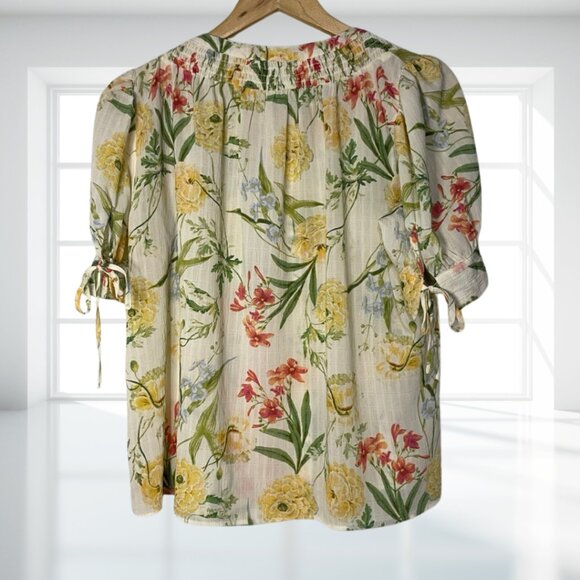 Rose + Olive Floral Blouse Top Cottagecore Yellow Red Green Tie Sleeves Size M - Picture 3 of 12
